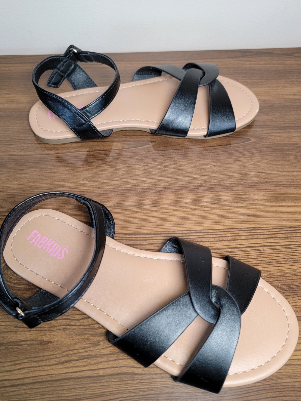 FabKids Girls Black Ankle-Strap Flat Sandals - Size 2 - Picture 3 of 4